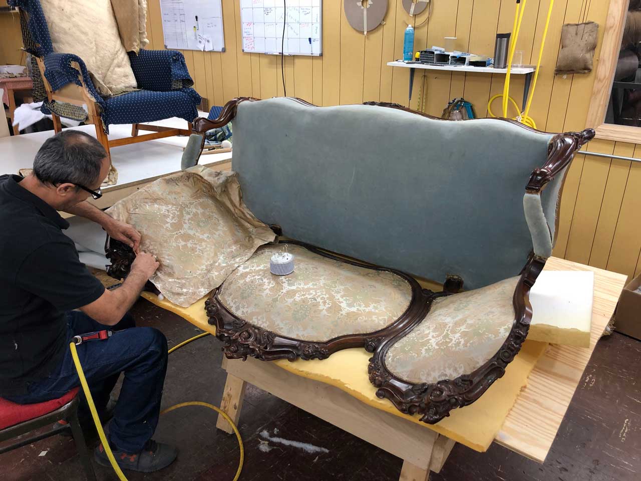 re-upholstering in progress